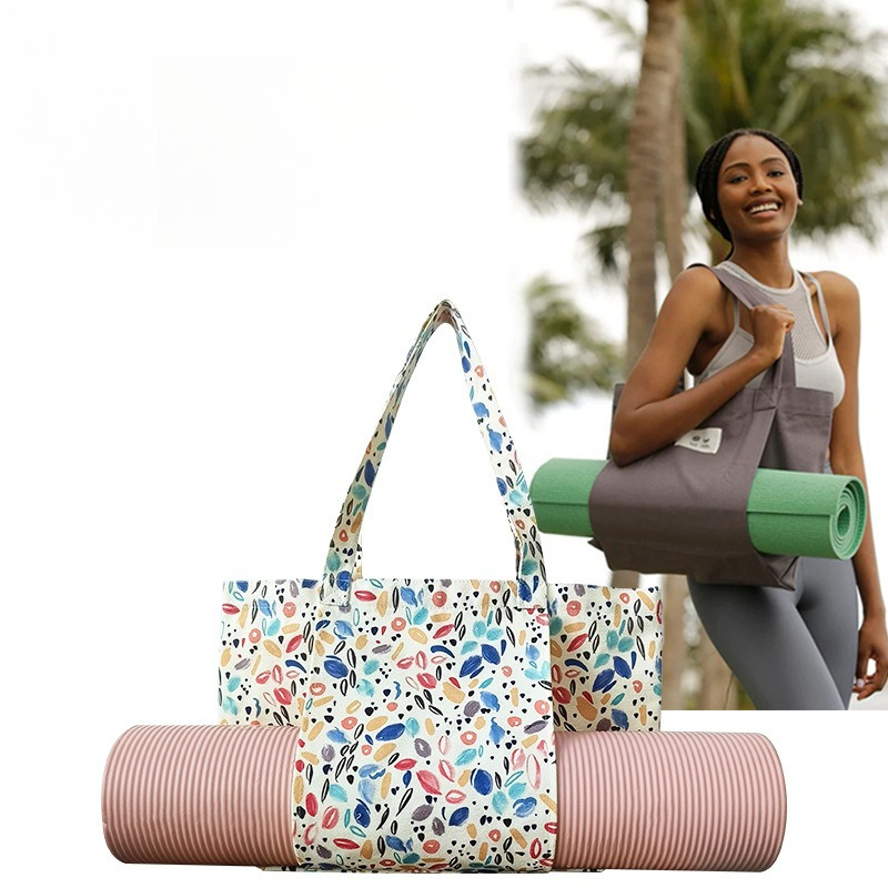 Yoga Mat - กระเป๋าผ้าแคนวาสลายดอกไม้สำหรับใส่เสื่อโยคะ กระเป๋าถือสำหรับเก็บเสื่อพิลาทิส กระเป๋าใส่เสื่อโยคะความจุขนาดใหญ่ กระเป๋าพกพาสำหรับออกกำลังกายกลางแจ้งและการเดินทาง