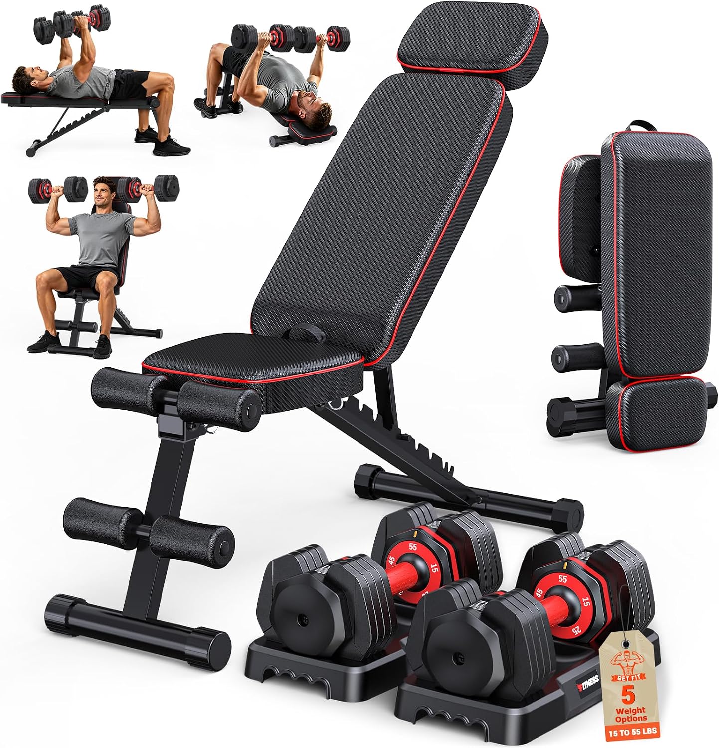Dumbbell Set - ชุดดัมเบลปรับน้ำหนักได้ พร้อมม้านั่งออกกำลังกาย สำหรับใช้ที่บ้าน สามารถพับเก็บได้ เหมาะสำหรับการฝึกความแข็งแรงของกล้ามเนื้อทั่วร่างกาย